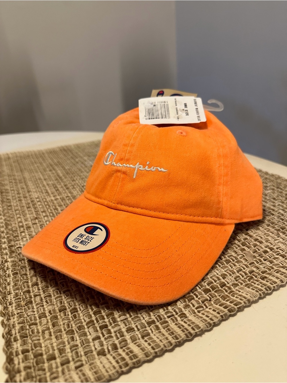 NWT Champion Classic Highlighter Script Fluorescent Orange Washed Relax Hat Cap